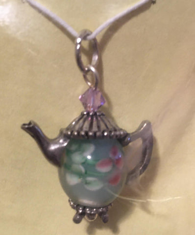 Pendant Tiny Teapot Blue/Green Rose Lampwork Silver