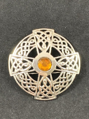 Brooch - 2" Cross with Celtic Braid and Amber Center Stone