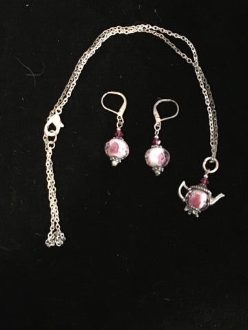 SET of Tiny Teapot Necklace & Matching Earrings Pink and Silver