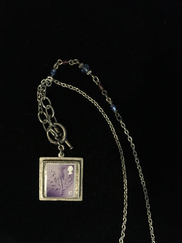 Necklace Thistle Stamp Square Setting w/ Crystals in Chain