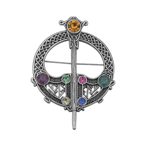 Brooch - 2" Rhodium and Colorful Gems